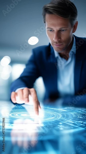 A man in a suit uses a glowing virtual display, symbolizing digital transformation and business innovation. The scene highlights leadership, progress, and cutting edge technology in the workplace