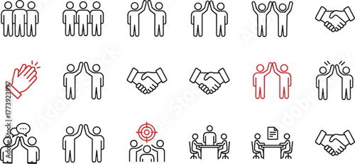 24 teamwork icons, black and white line style, collaboration, communication, group dynamics, business interaction, vector illustration, editable stroke, professional concept
