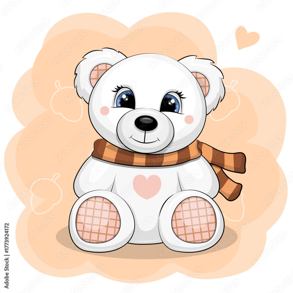 Fototapeta premium Cute cartoon White Bear Toy with warm scarf. Autumn Vector illustration of animal on orange background.