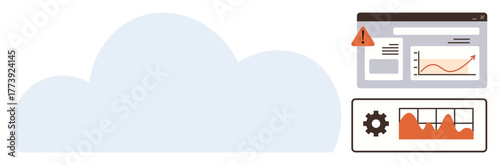 Cloud graphic with interface visuals showing graphs, alerts, and settings. Ideal for data monitoring, cloud technology, tech infrastructure, automation, business analysis, IT operations simple flat