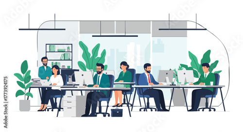 A vibrant illustration showcases a diverse group of professionals working collaboratively in a modern, eco-friendly office environment with computers and lush greenery, promoting productivity.