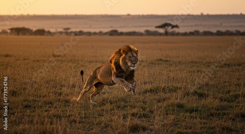 Majestic Lion in Mid-Run Across Golden Grassland at Sunset