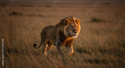 Majestic Lion Walking Through Golden Grassland at Sunset
