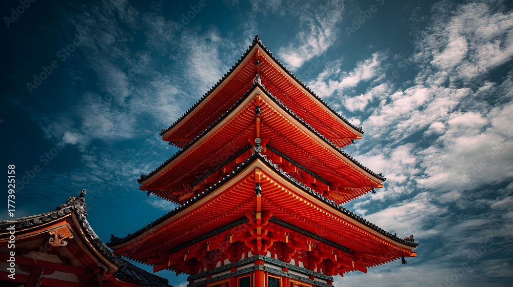 Obraz premium Vibrant orange tiered religious structure rises dramatically against a turbulent dark blue sky