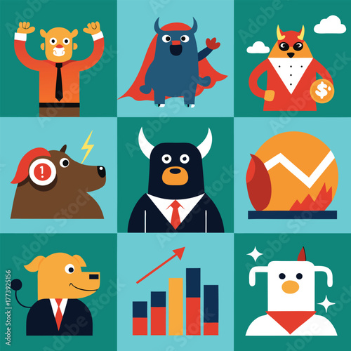 Whimsical cartoon characters representing financial market bulls and bears in a grid layout with a stock market graph and abstract shapes on a teal background