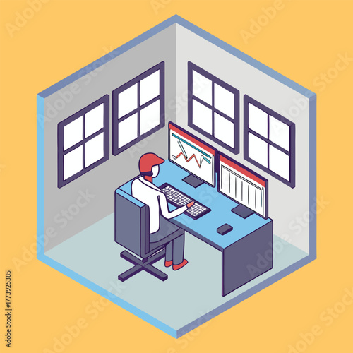 Isometric view of a trader sitting at a desk with multiple computer monitors displaying stock market charts and graphs in a modern office setting
