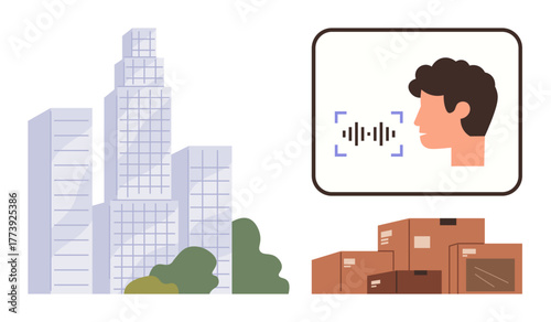 Voice recognition next to cityscape and stacked delivery boxes, ideal for communication, technology, urban logistics, e-commerce, innovation, automation, modern operations. Simple flat metaphor