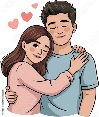 A couple embracing with closed eyes and hearts floating above embrace love