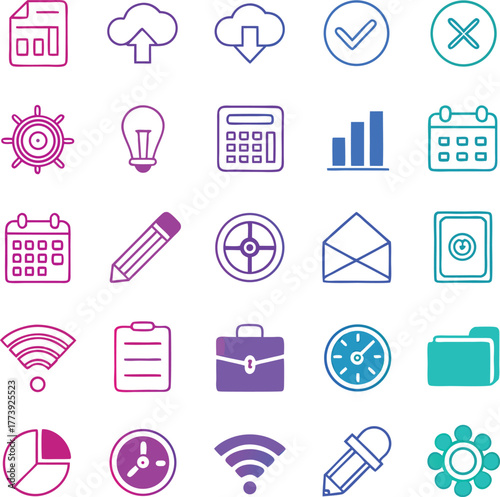 A vibrant collection of hand drawn digital icons representing various business and technology concepts perfect for web design and presentations