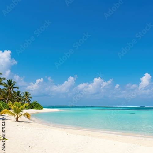 Idyllic tropical island escape with pristine turquoise waters, white sandy beaches, and swaying palm trees under a bright blue sky ,landscape ,journey ,picturesque