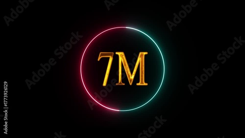 Abstract Glowing Neon Light 7 Millions Letter Icon Animation. Glowing sign effect florescent text for social media follow subscription motion.