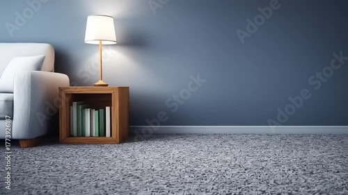 A cozy living room scene with a white sofa, wooden nightstand, and gray carpet.