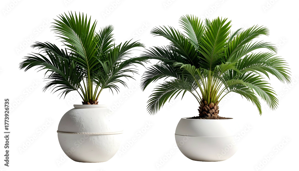Fototapeta premium Two lush green plants in round white pots, set against a black background
