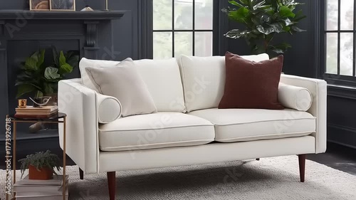 A cream-colored sofa with brown accent pillows sits in a modern living room with dark walls.