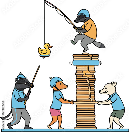Funny animal teamwork, cartoon pancake stack, whimsical fishing scene, anthropomorphic characters, playful illustration, rubber duck bait, helmeted animals balancing