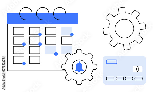Calendar with event marks, gear icons for settings, notification bell, and control panel for task monitoring. Ideal for scheduling, planning, automation, productivity, reminders data organization