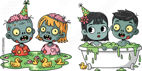 Zombie bath party, cartoon undead kids, green slime fun, horror humor scene, rubber ducks, spooky celebration, funny zombie couple, bathtub chaos