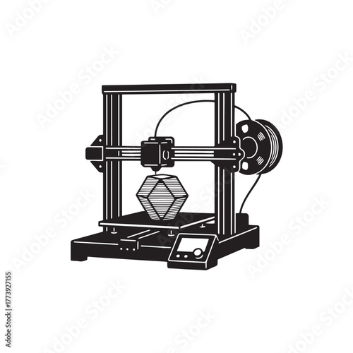 Silhouette of 3D printer, white background