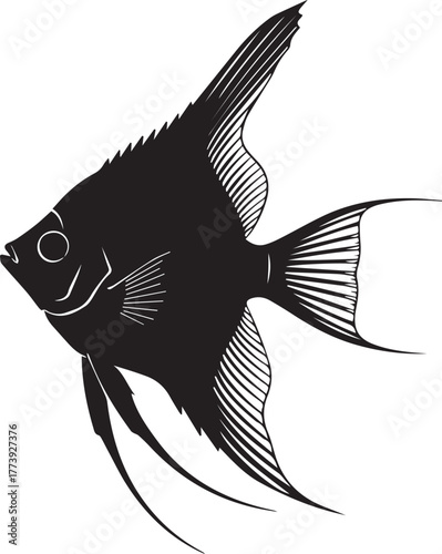 Elegant black angelfish silhouette aquatic life detailed fins swimming underwater ocean dweller