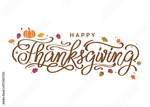 Hand drawn Happy Thanksgiving lettering poster with quote Give thanks to friends and family. Perfect for t-shirt, mug, bag, or clothing fashion print vector design.
