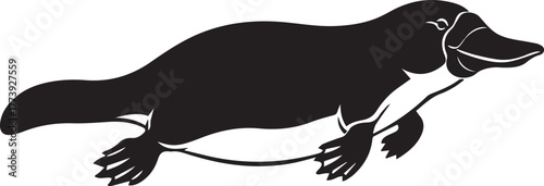 Black silhouette of a platypus swimming in water with webbed feet and duck bill