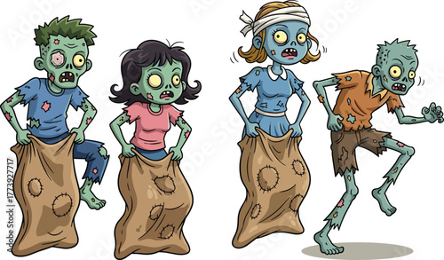 Zombie sack race, cartoon undead competition, funny horror activity, Halloween illustration, creepy characters hopping, comic spooky race, playful undead event
