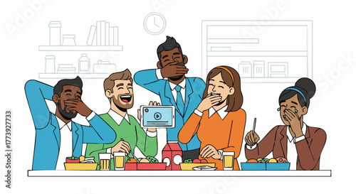 A diverse group of colleagues enjoys a lunch break together, laughing and sharing a moment while looking at a smartphone screen in a brightly lit office setting.