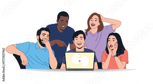 A diverse group of young adults are gathered around a laptop, reacting with surprise, laughter, and excitement while watching something on the screen in a modern, illustrative style.