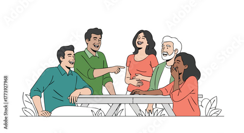 A diverse group of friends laugh and enjoy each other's company while sitting at a picnic table, creating a joyful and inclusive illustration of togetherness.