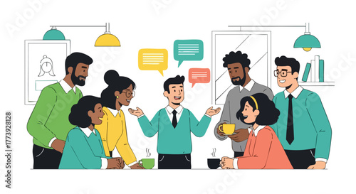 An illustration depicts a diverse group of people engaged in a lively discussion, sharing ideas and thoughts in a collaborative office environment with speech bubbles.