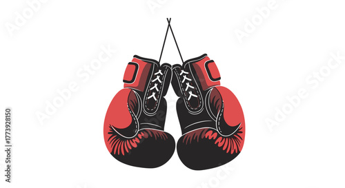 Pair of Red Boxing Gloves Hanging Against White Background.