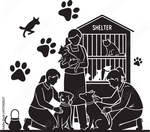 Diverse group of people volunteering and learning in a library setting with bookshelves