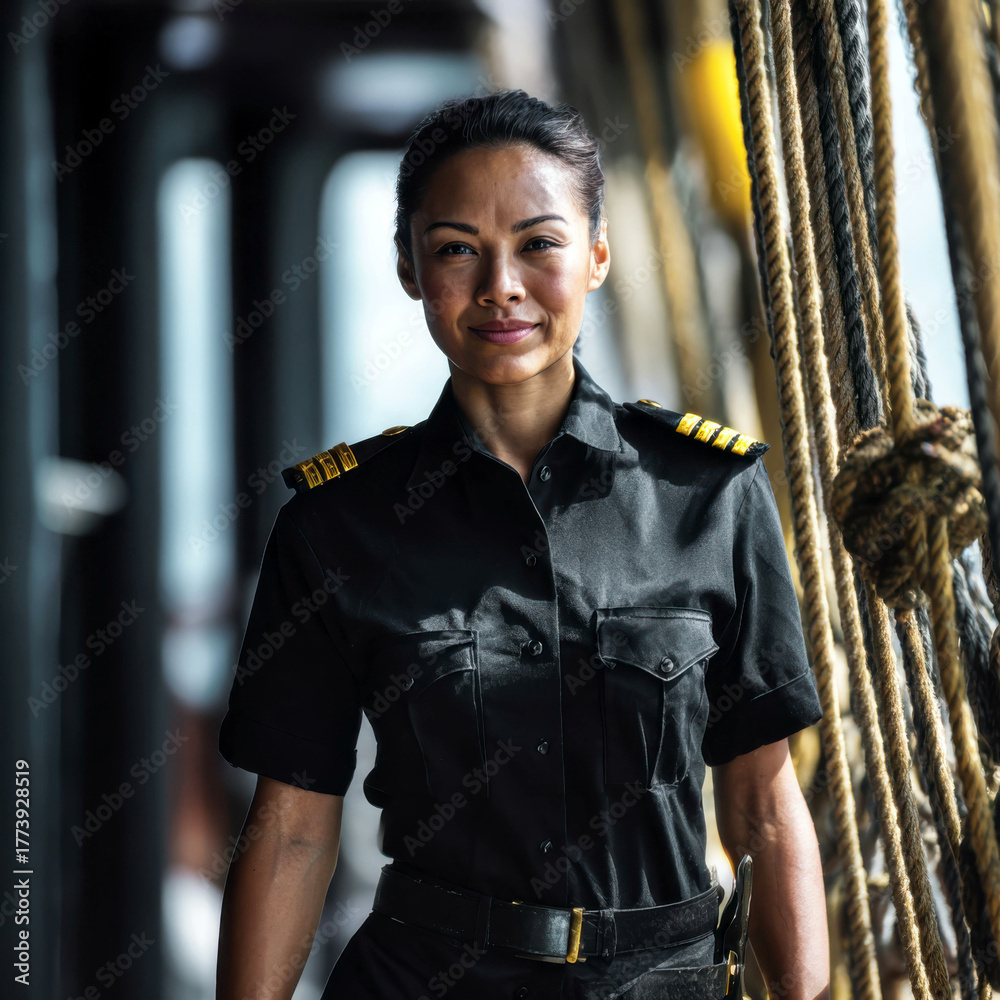 Fototapeta premium Pacific Islander woman as maritime deck officer — feminist presence in global seafaring leadership