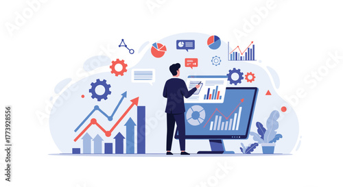 Business professional analyzing data on computer screen for growth.