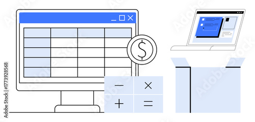 Computer displaying spreadsheet next to calculator, laptop, and open box. Ideal for finance, budget planning, data analysis, accounting, business solutions, office tools and simple flat metaphor