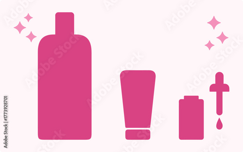 Cosmetics, wellness, packaging, aesthetics, skin care, shampoo, cream, facial serum, lotion, moisturizer, beauty, hair and skin products. Routine, hygiene, woman, treatment, makeup, procedure. Icon, v