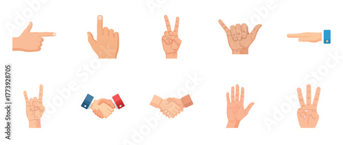 Various hand gestures and sign language symbols on white background