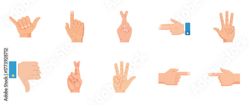 Diverse hand gestures collection: thumbs up, peace sign, pointing, counting