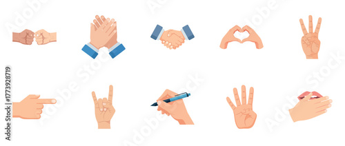 Diverse hand gestures and signs collection on white background