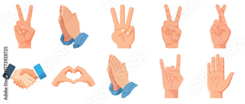 Set of nine diverse hand gesture icons including symbols for peace, counting, love, and agreement
