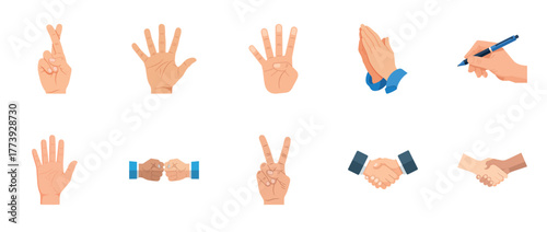 Diverse hand gestures collection: fingers crossed, counting, writing, handshake, fist bump