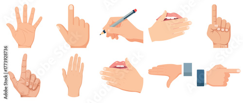 Various hand gestures and signs including pointing, writing, and counting