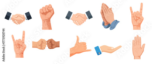 Diverse hand gestures: handshake, fist, clapping, rock on, fist bump, shaka, open hand
