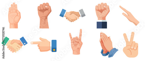 Various hand gestures and handshakes in different positions and styles