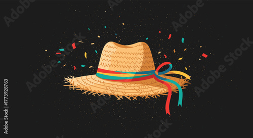 Straw hat with colorful ribbon and confetti on black background.
