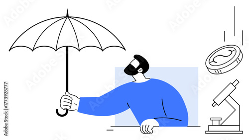 Man holding umbrella guards against risks symbolized by falling coin and microscope. Ideal for finance, insurance, investment management, risk analysis, safety, research, savings concepts. Simple