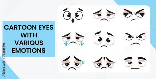 Collection of cartoon eyes expressing various emotions like sadness, anger, and surprise.