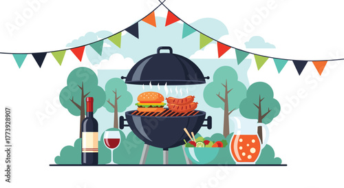 Summer barbecue scene with food drinks and decorations.