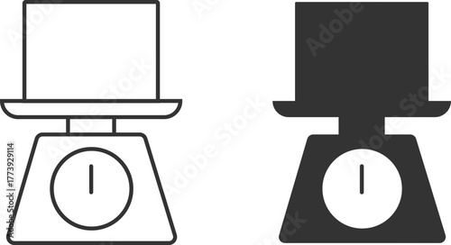 Minimalist black and white illustration of two weighing scales isolated on a white background