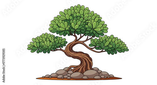 Stylized bonsai tree with green leaves, nature art